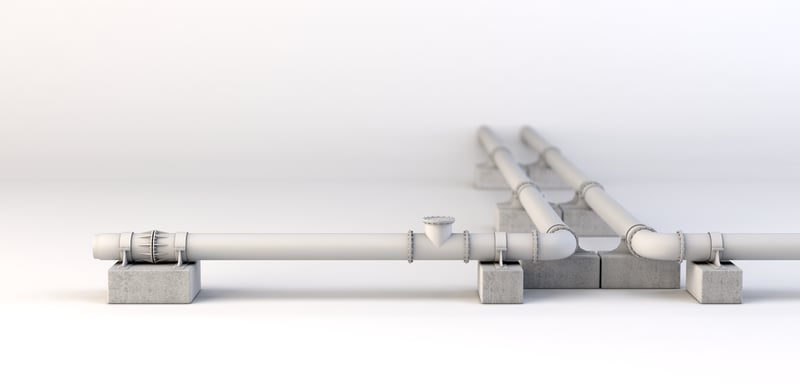 A 3D rendering of two oil pipelines that feature Fabreeka's vibration isolation material underneath key points.