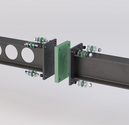 A 3D rendering of a typical steel connection using Fabreeka thermal break and Fabreeka thermal break washers. Fabreeka TIM is used in connections like these as a thermal bridging solution.