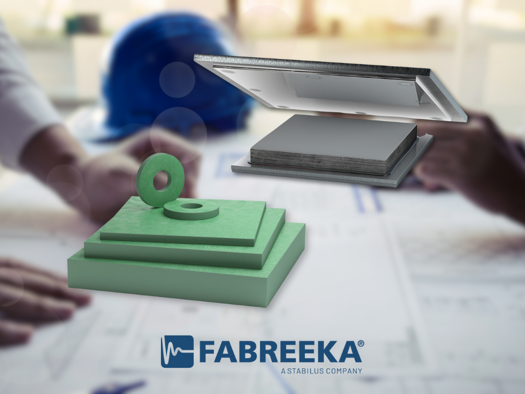 Image of structural engineers drawing designs featuring Fabreeka slide bearings and Fabreeka-TIM thermal break in the foreground.