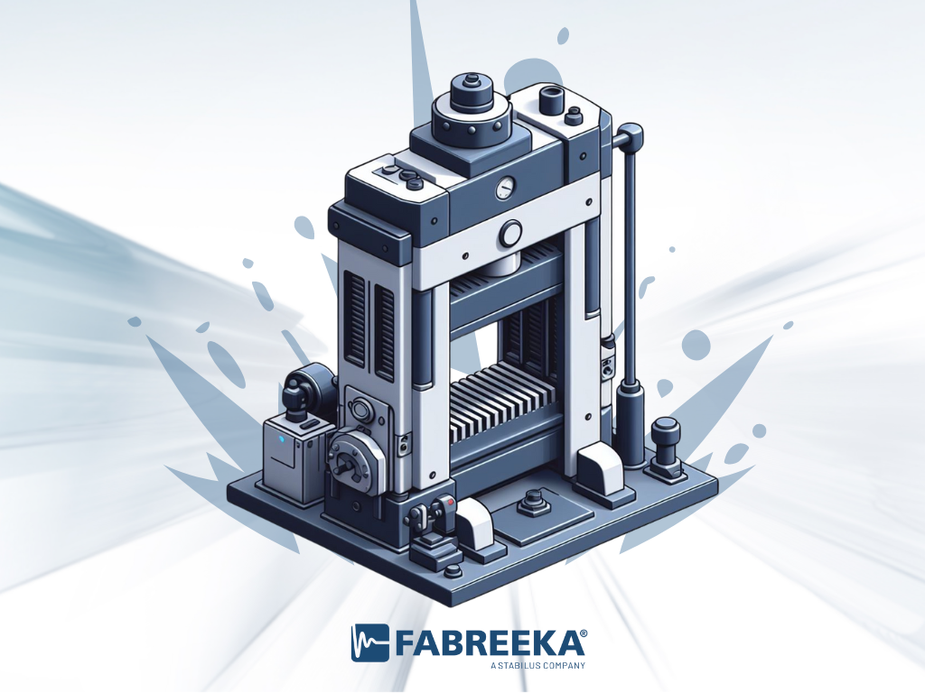 A 3D rendering of a hydraulic forging press with the blue fabreeka logo at the bottom