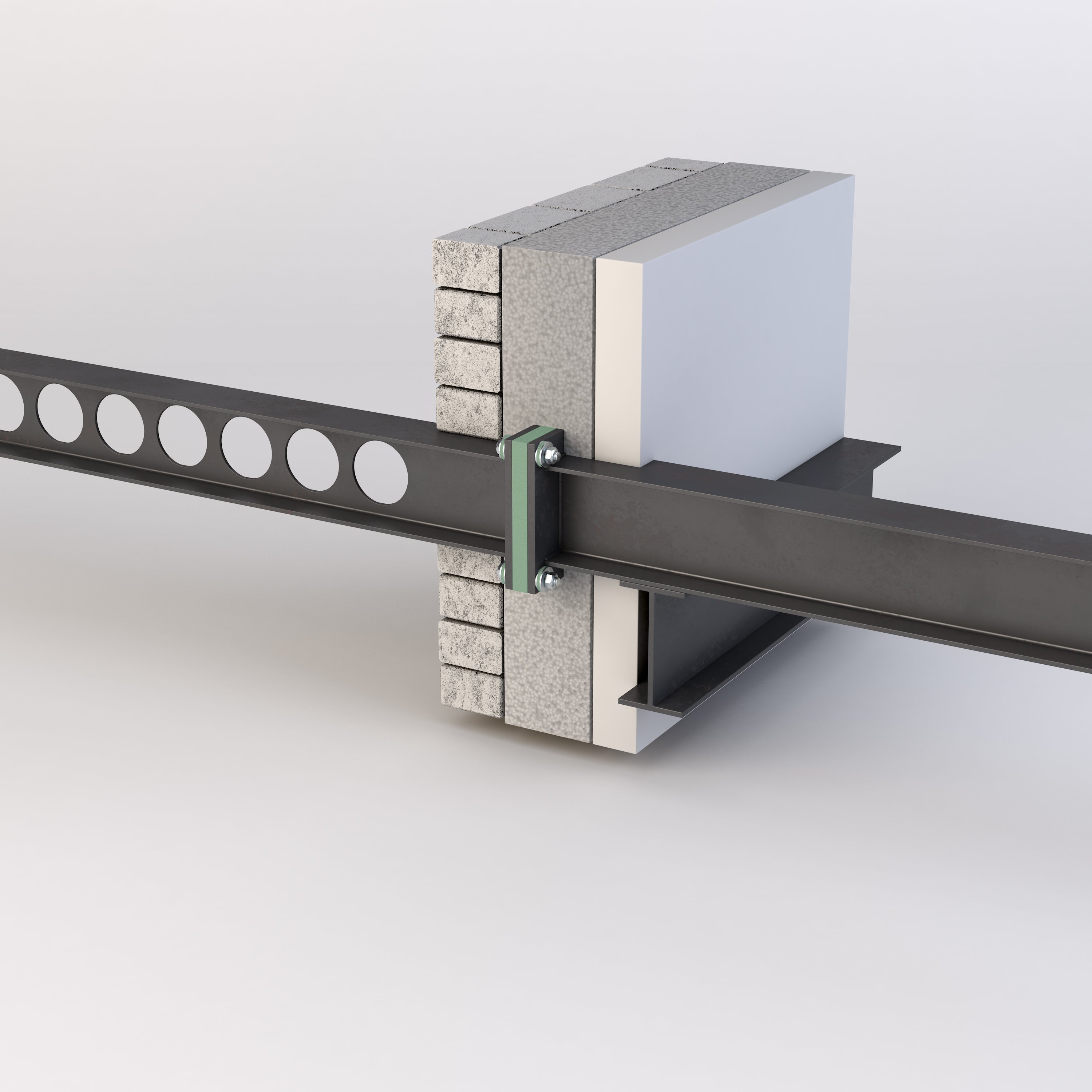 A 3D rendering of a steel-to-steel connection with thermal break material between.