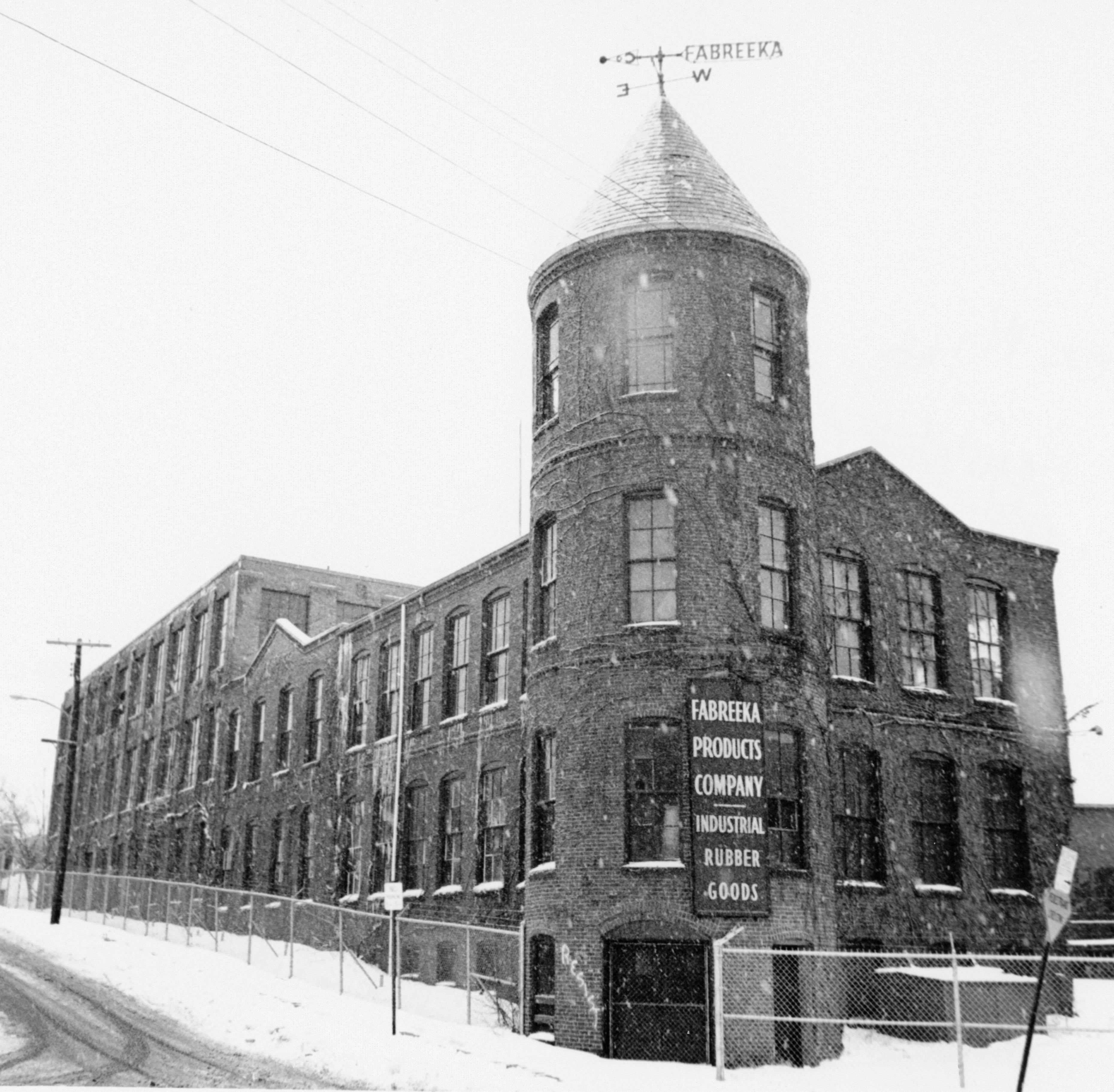 Fabreeka's brick-covered facility during wintertime in Dorchester, MA